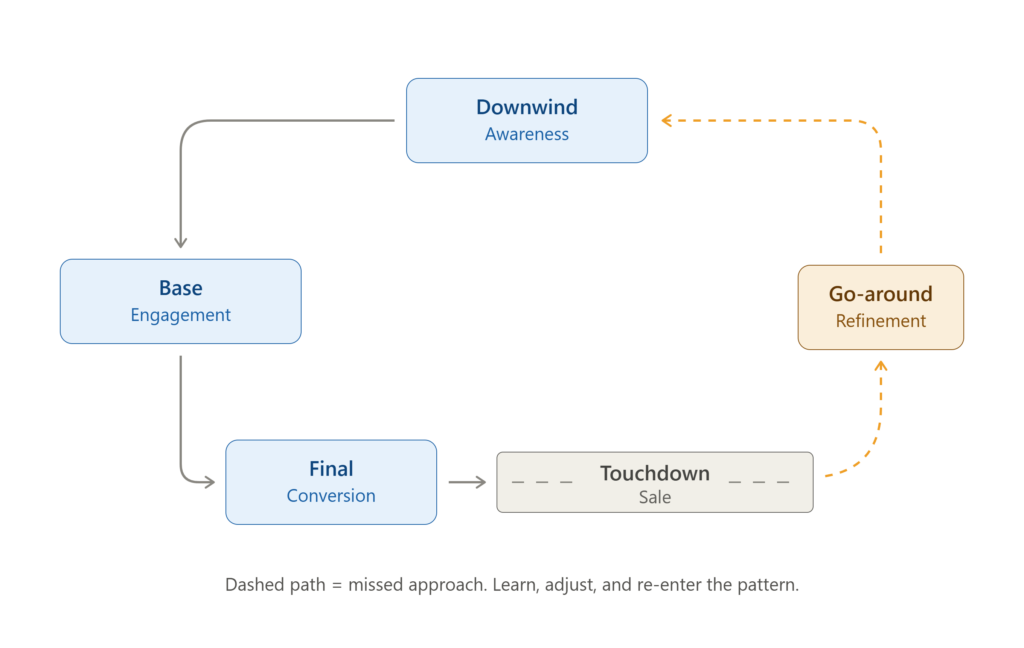Infographic of an airport traffic pattern mapped to marketing phases: the downwind leg represents awareness, the base leg represents engagement, final approach represents conversion, touchdown on the runway represents the sale, and a dashed go-around loop back to downwind represents refinement, showing that marketing is an iterative circuit