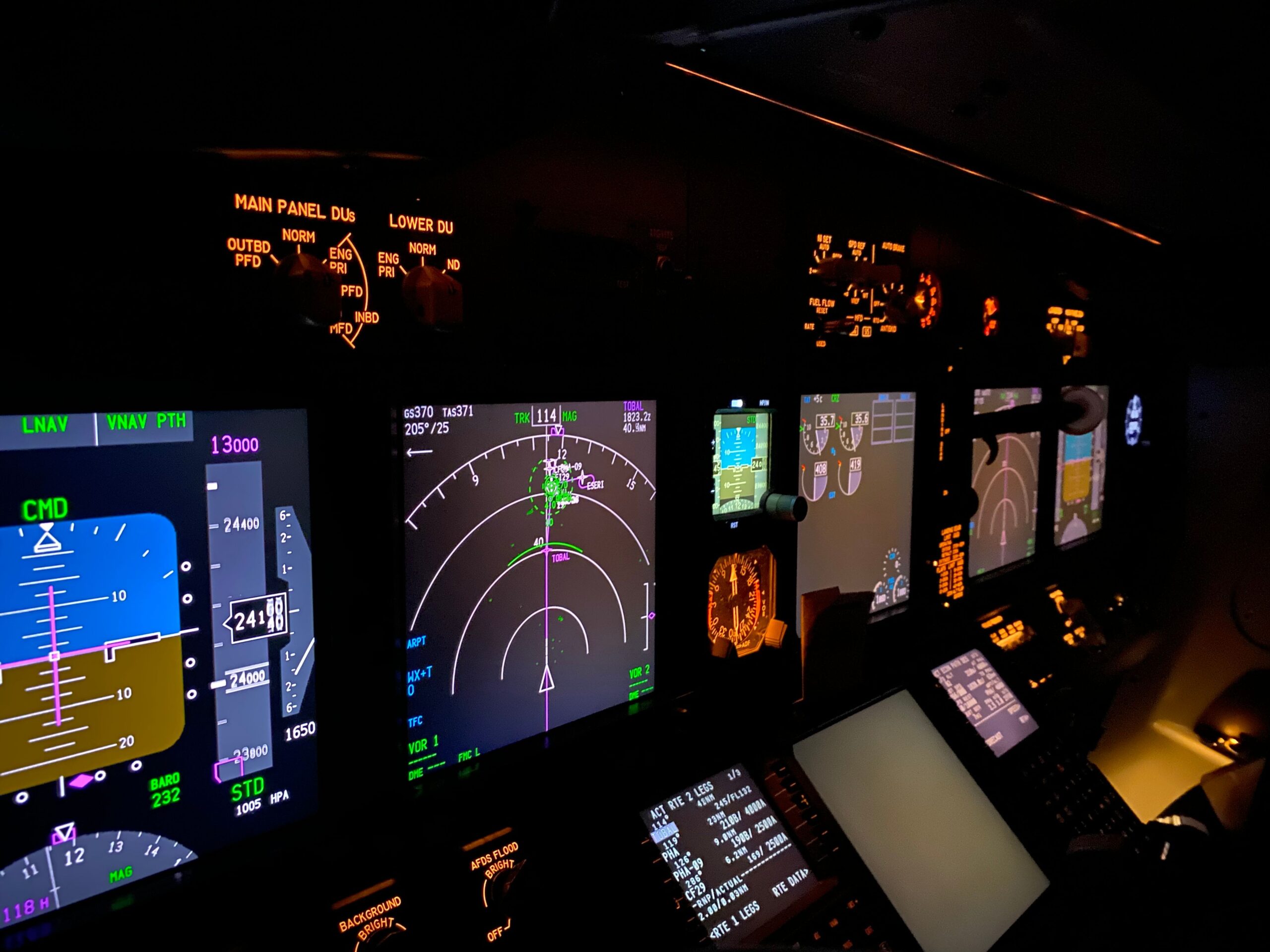 Dark aircraft cockpit at night with an illuminated navigation display showing traffic and terrain returns on a radar arc, representing how targeted marketing tracks the prospects most likely to convert